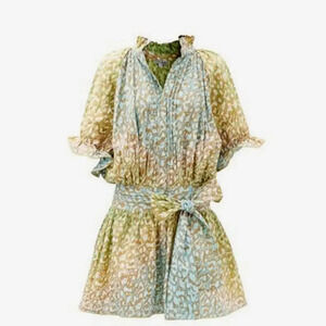 NWT JULIET DUNN Cotton-Voile Snow Leopard Mini Dress Blue Green US Size 4 6